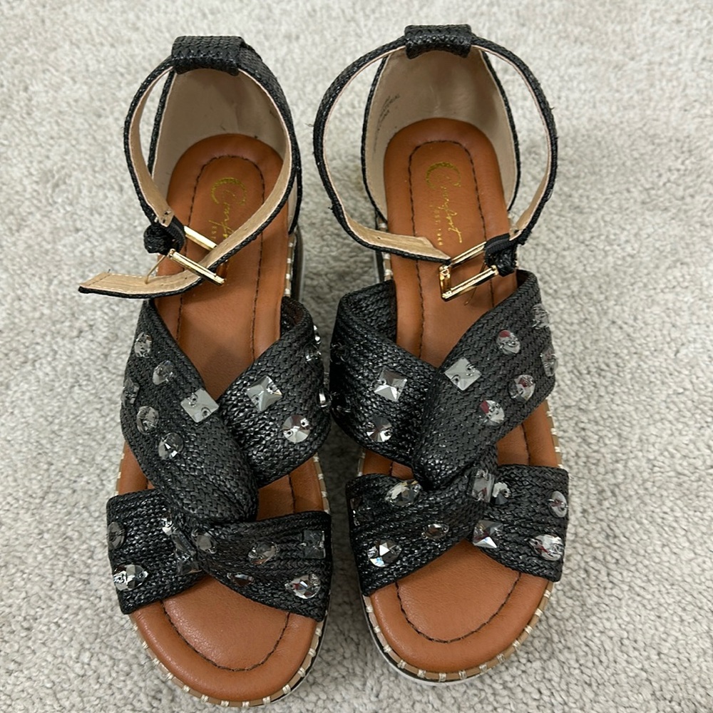 Brand new Black wedge sandals with rhinestones and crisscross straps Size 6.5